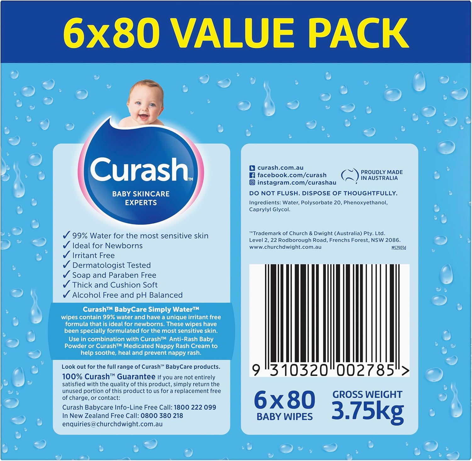 Curash Simply Water Baby Wipes, 6X80 Pack, Thick and Soft Texture, 99% Water with No Soap, Alcohol or Parabens, Suitable for Newborns, Everyday Cleansing and Nappy Changes, 480 Wipes