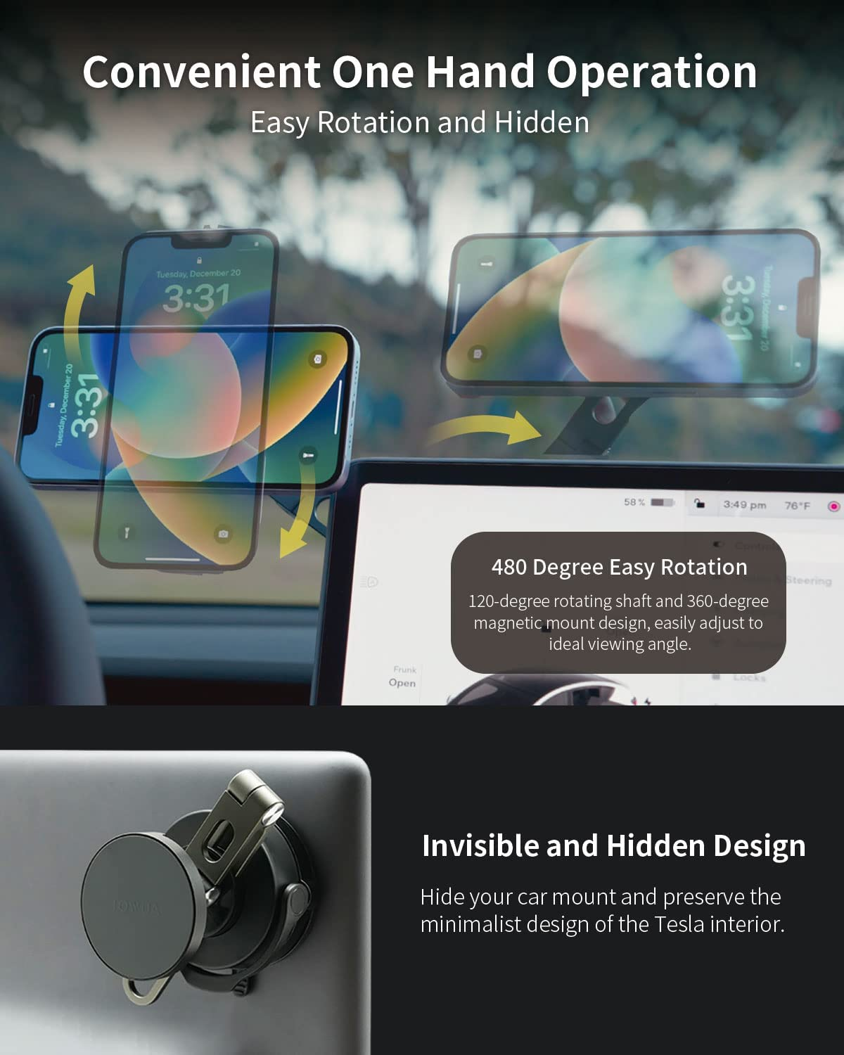 Jowua 6D Invisible Foldaway Car Mount Compatible with Magsafe Compatible with Tesla Model 3/ Y, Model S/X Plaid with Wireless Charging (None-Charging) image number 4