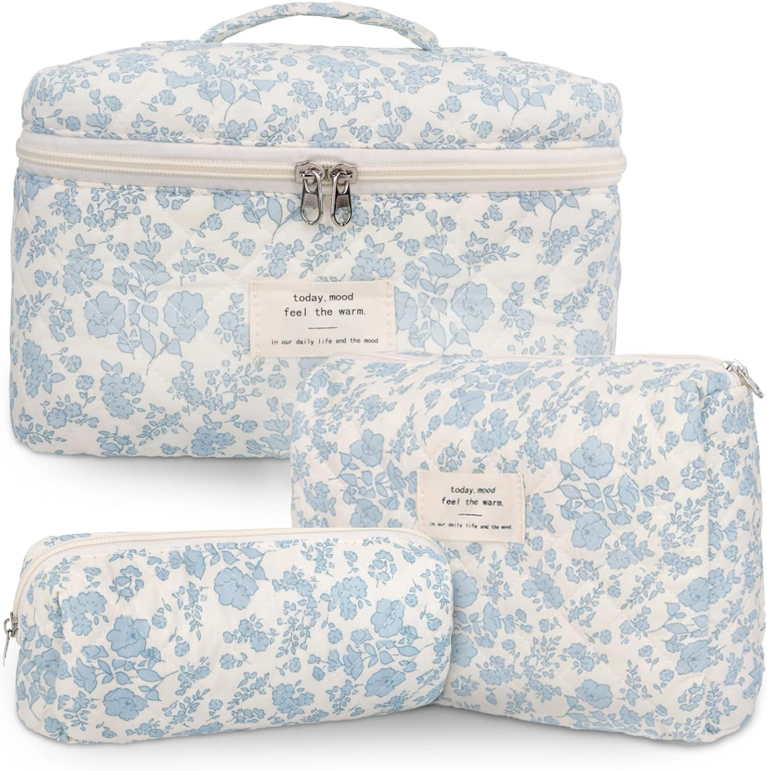 3-Piece Floral Makeup Bag Set, Quilted Cotton Cosmetic Pouch Organizer for Women & Girls, Large Travel Toiletry Bag with Medium & Small Bag, Cute Aesthetic Gift Set-Quttly image number 3