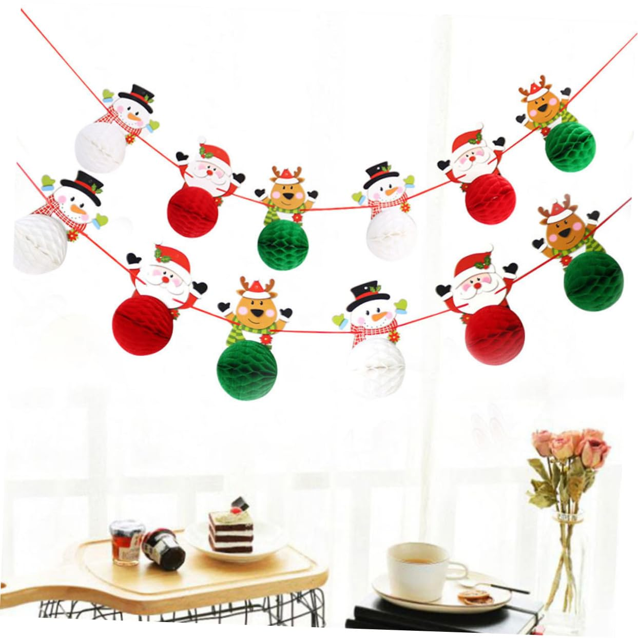 KOMBIUDA Christmas Decor Honeycomb Santa Elk Snowman Paper Banner Festive Party Decorations