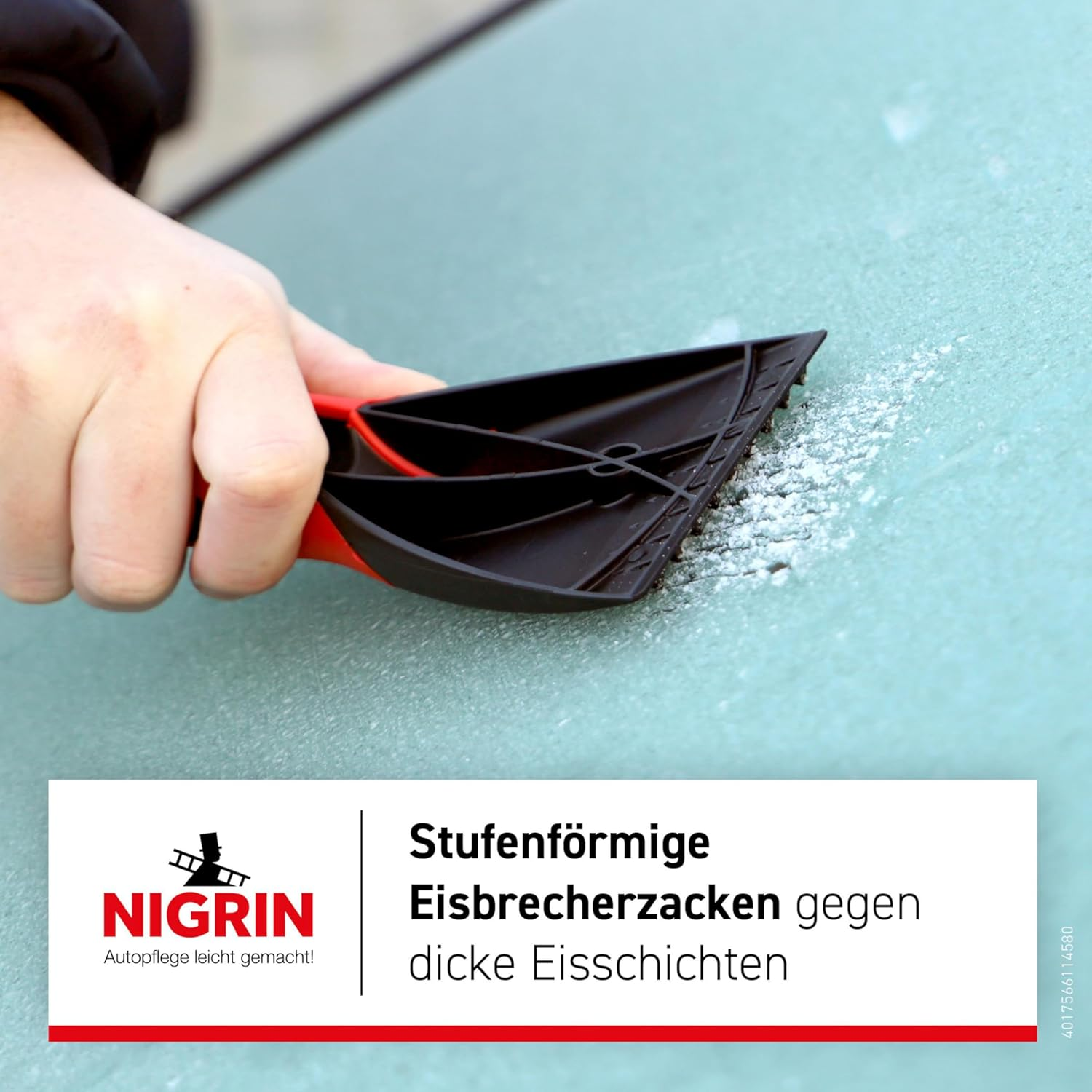 NIGRIN Car Ice Scraper Windscreen Scraper for Winter, Ergonomic Soft Handle, Stepped Ice Breaker Prongs Black/Red, Pack of 1 image number 3