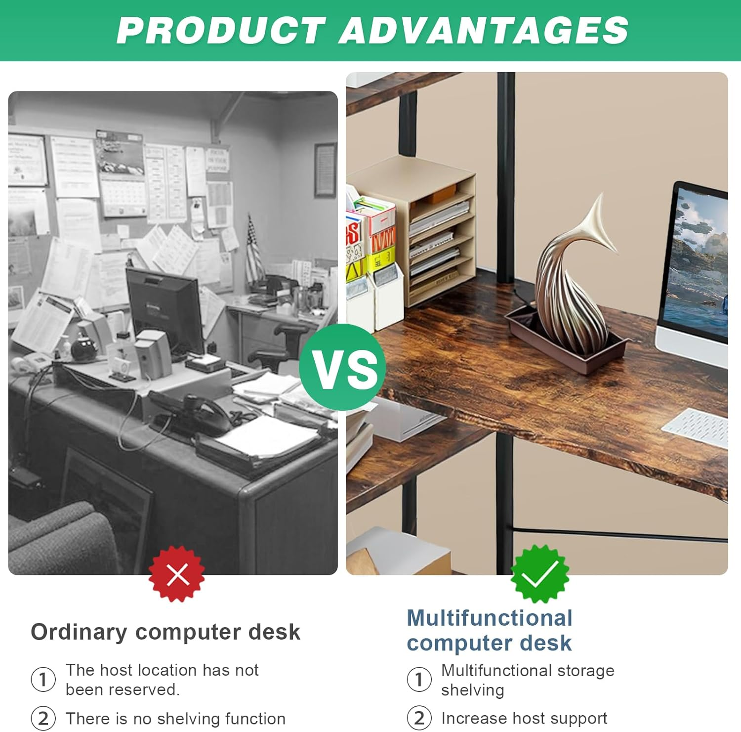 Computer Desk, Gaming Desk with Reversible Storage Shelves, Modern Metal Gaming Desk, PC Desk Workstation for Home Office, Rustic Brown image number 4