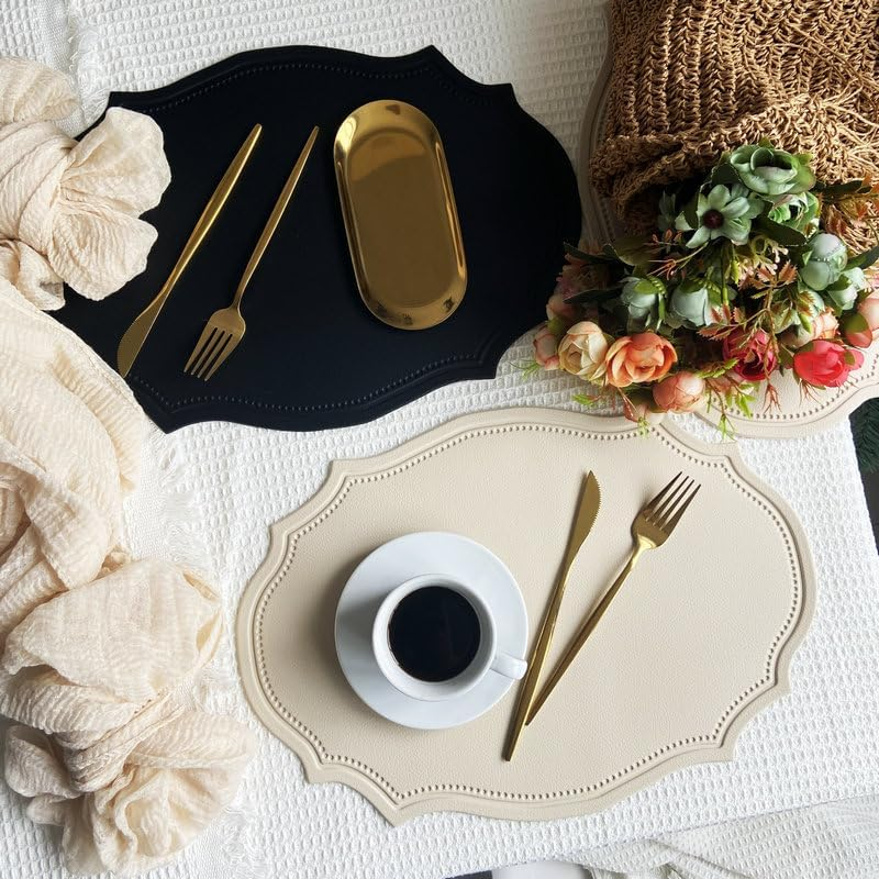 Placemats Set of 4, Faux Leather Table Mats, Heat Resistant Easy to Clean Wipeable Waterproof Washable Outdoor Placemats for Kitchen Dining Table Decorations, 17&rsquo;&rsquo;&times;12&rsquo;&rsquo;, Beige - Beige+Yellow Edges 4 image number 3