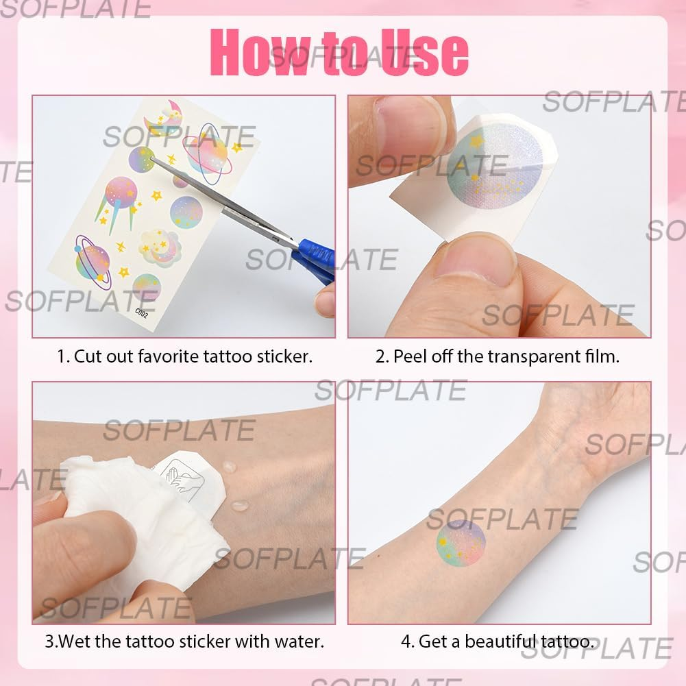 SOFPLATE 1 Box 36 Sheets Temporary Cartoon Tattoos Pastel Tattoo Stickers Bulk Pack Multicoloured Sweets Animals Astronomy Planets Stars Moon Cartoon Cute Decals for Scrapbooking DIY Crafts image number 4