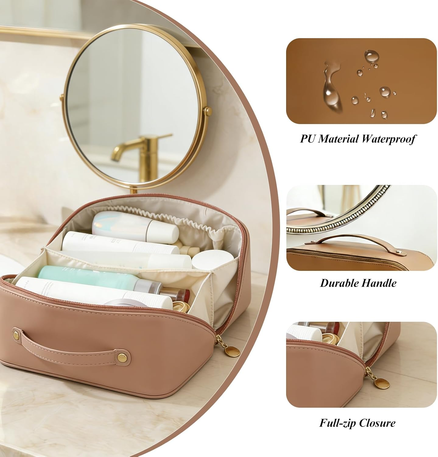 Makeup Bag,Large Capacity Make up Bag,Portable Travel Cosmetic Case for Women,Waterproof Toiletry Storage Organizer Pouch - Brown image number 4