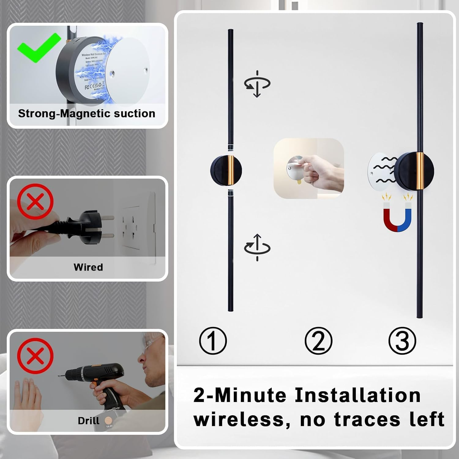 Battery Operated Wall Sconces Set of Two, 360&deg;Rotate Wireless Rechargeable Wall Sconces with Remote Control, Black Gold, Dimmable, Timing Decor Lights for Bedroom Hallway, 28.5 Inch image number 2