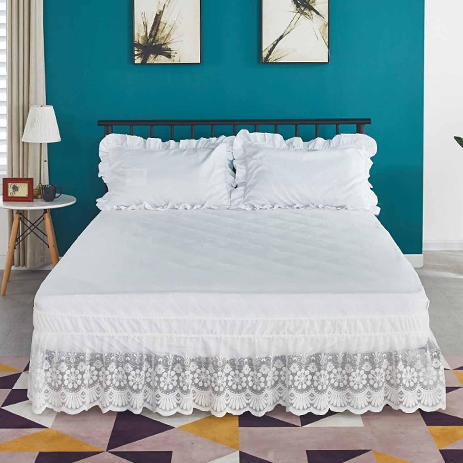 15" Drop Lace Bed Skirt for Twin/Full/Queen/King Bed, Elastic Dust Ruffle Bedskirt Wrap around Bed Skirt - 3 Sides of Bed