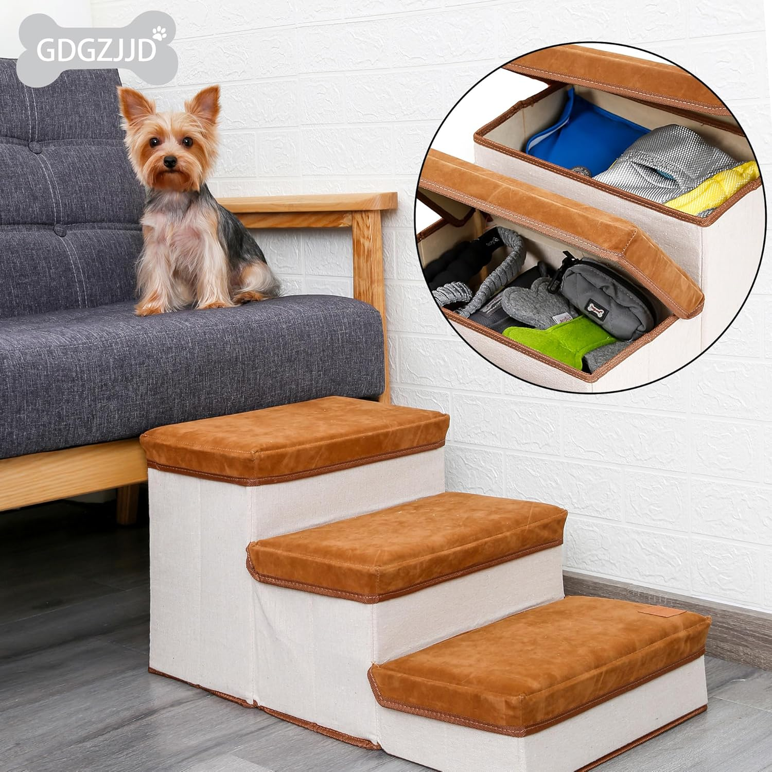 Foldable 3-Step Pet Stairs for Small Dogs & Cats - High-Density Ramp with Storage Box & Non-Slip Base, Perfect for Gifts (Brown) - Grey image number 6