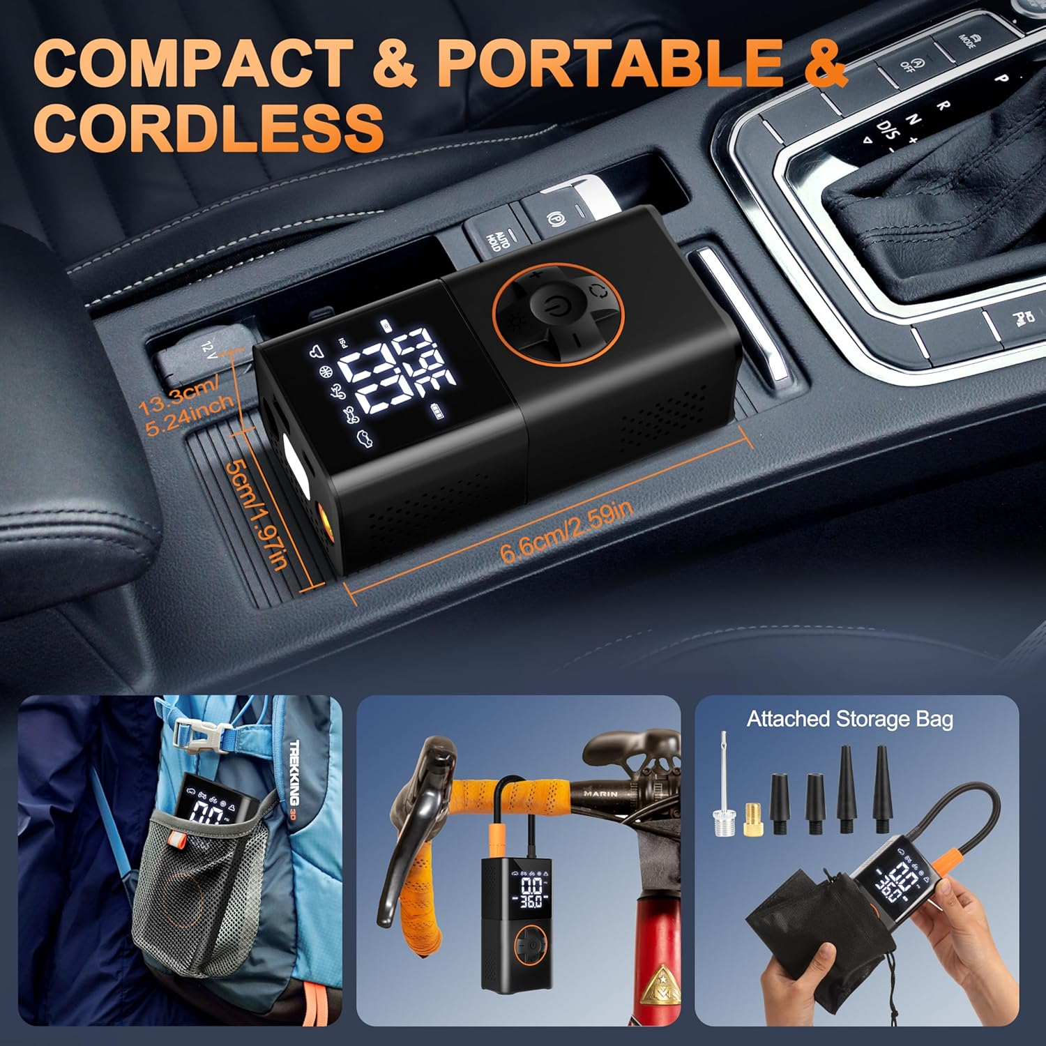 Mxcasoxz Tire Inflator Portable Air Compressor,Cordless Bike Pump with Digital Dual Values Display/Led Lights/Storage Pouch/Auto Shut-Off Function, 150 PSI Air Pump for Cars, Motorcycles, Bikes, Balls image number 2