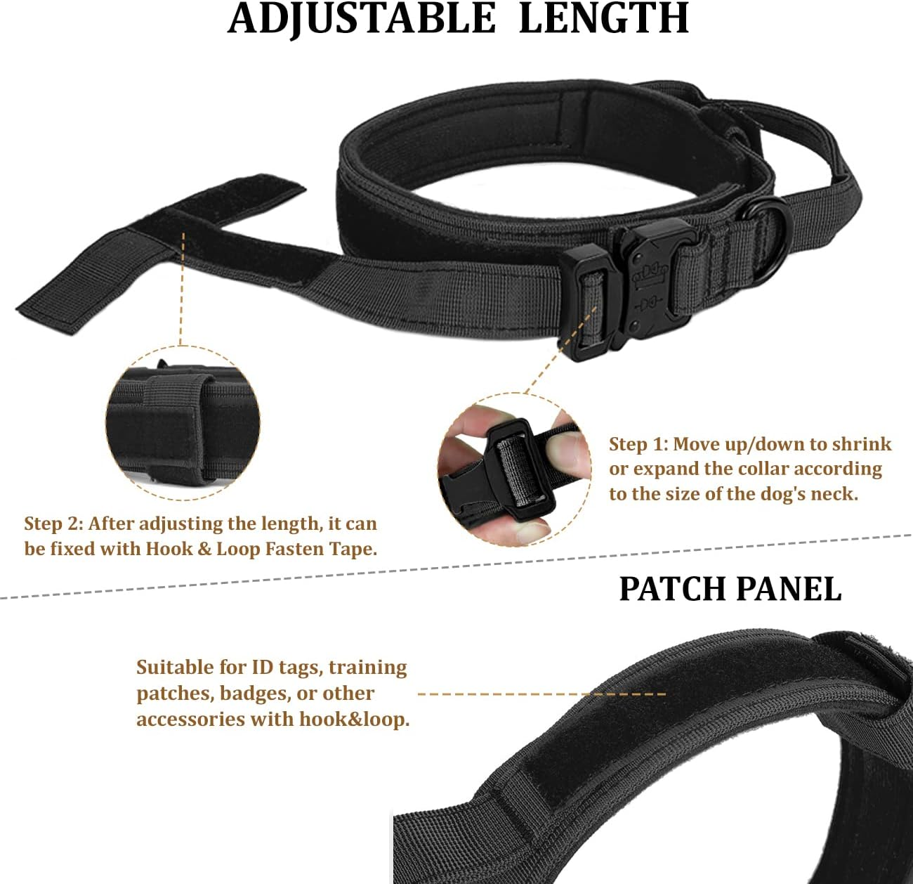 Tactical Dog Collar, Adjustable Collar with Control Handle, Soft Padded Nylon Dog Collar with Robust Metal Buckle for Medium Large Dogs