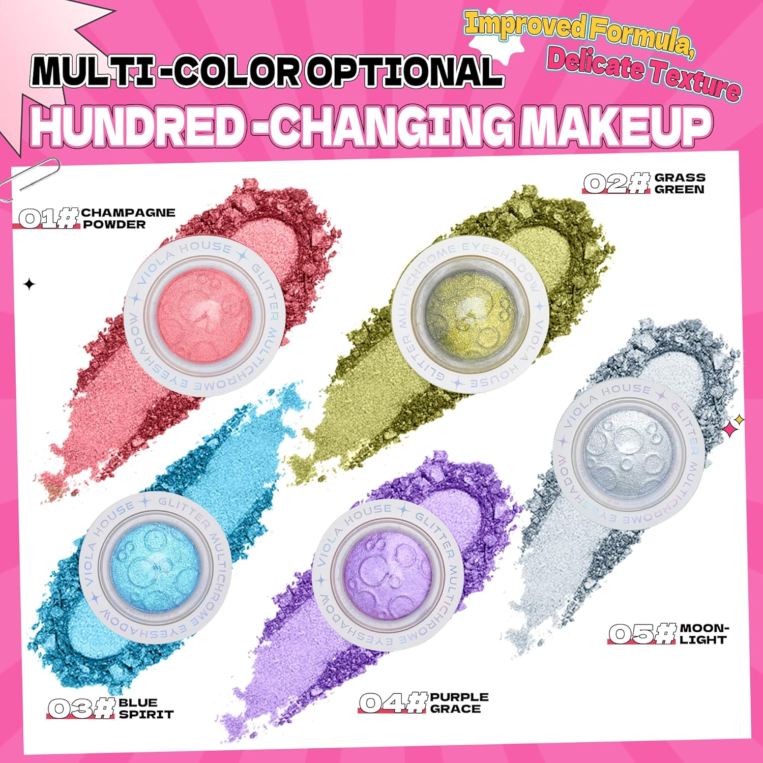 VIOLA HOSUE Eyeshadow Glitter,Strong Flashing Colors,Highlighter Powder,Eye Shadow,Hair Body Glitter Bomb,Female Makeup (Silvery) image number 6