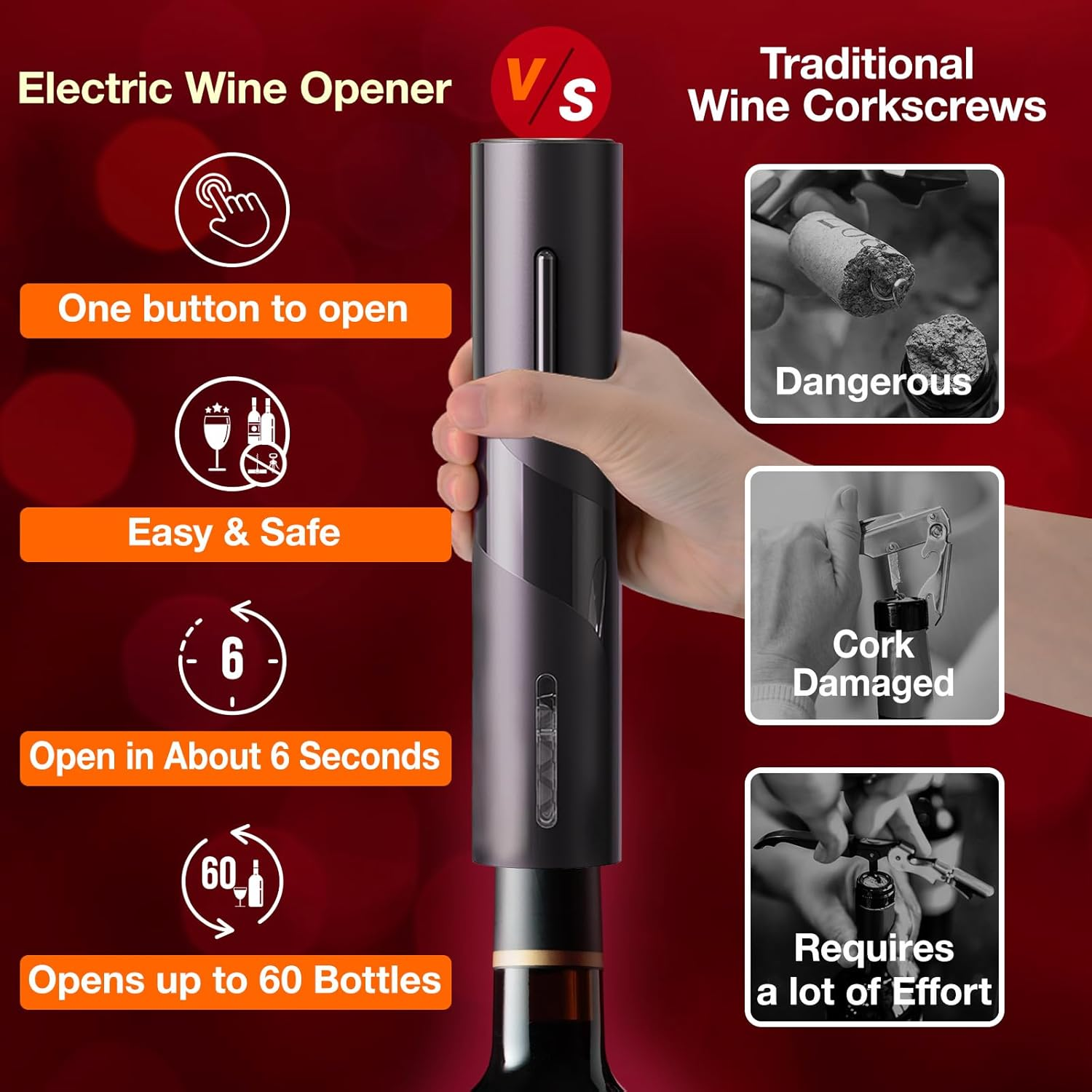 Electric Wine Opener, Battery-Powered, Cork Puller, Foil Cutter Included, Simple Design, Effortless and Enjoyable Wine Cork Removal, Convenient Wine Accessory, Best Choice for Wine Lovers(Black) image number 6