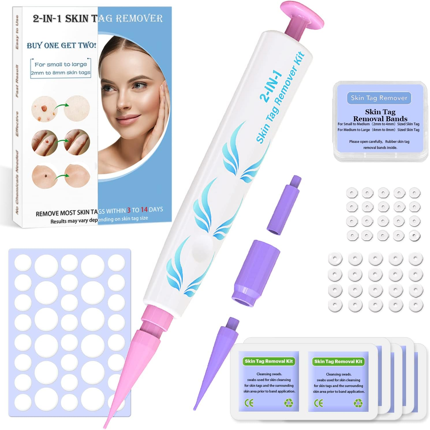 Auto Skin Tag Removal Pen - Remover 2 in 1 Standard and Micro 36Pcs Repair Patches Safe for Small to Large (2Mm to 8Mm) Sized Skin Tags for Most Body (Auto Blue)