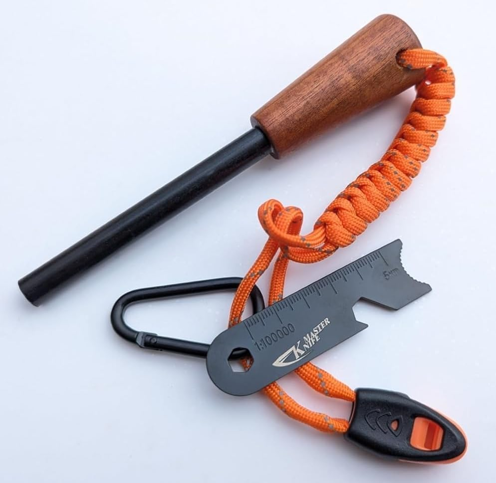 Outdoor Ferro Rod Flint Fire Starter with Handcrafted Wood Handle, | 20,000+ Strikes | Survival Flint and Steel Rods with Whistle,Carabiner,Paracord Reflective Neck-Wrist Lanyard for Your Camping Gear image number 6