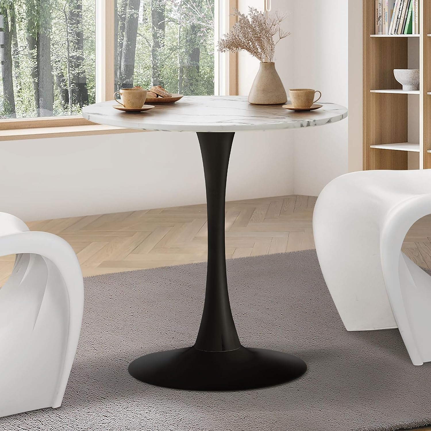 Oikiture 60Cm Dining Table with Marble Top and Metal Leg, round Kitchen Table White and Black image number 3