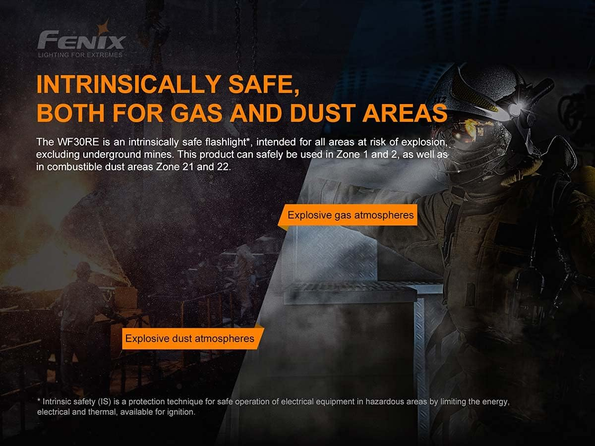 Fenix WF30RE 280 Lumen Intrinsically Safe Torch, ATEX, Iecex, CSA Certified for Zones 1,2,21 & 22, IP68 Water and Dust Proof Rated