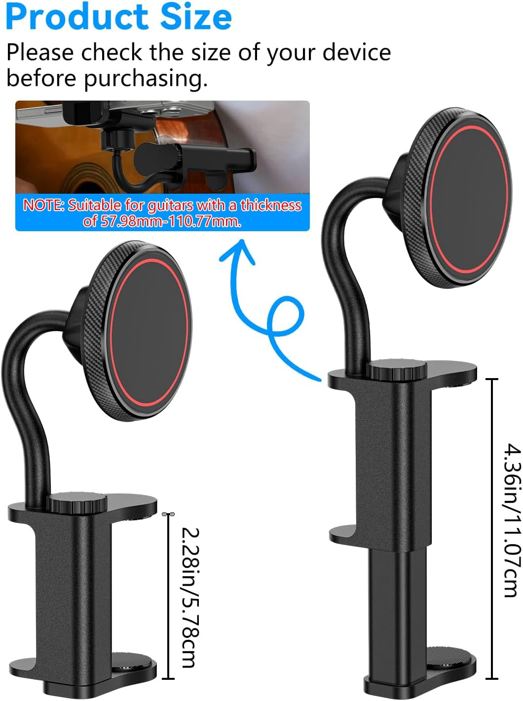 ALAFLY Guitar Head Phone Holder - Universal Smartphone Mount for Guitar, Bass, Ukulele, 360&deg; Rotating & Adjustable Ideal for Video Recording/Live Streaming/Online Teaching image number 4