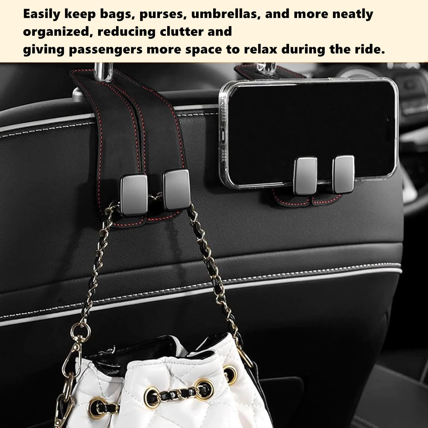 2 Pcs Leather Car Seat Headrest Double Hooks,Double Headrest Hooks Purse Holder & Mobile Phone Holder, Car Hanger Storage Car Seat Back Organizer for Bags, Purses, Handbags(Black) image number 6