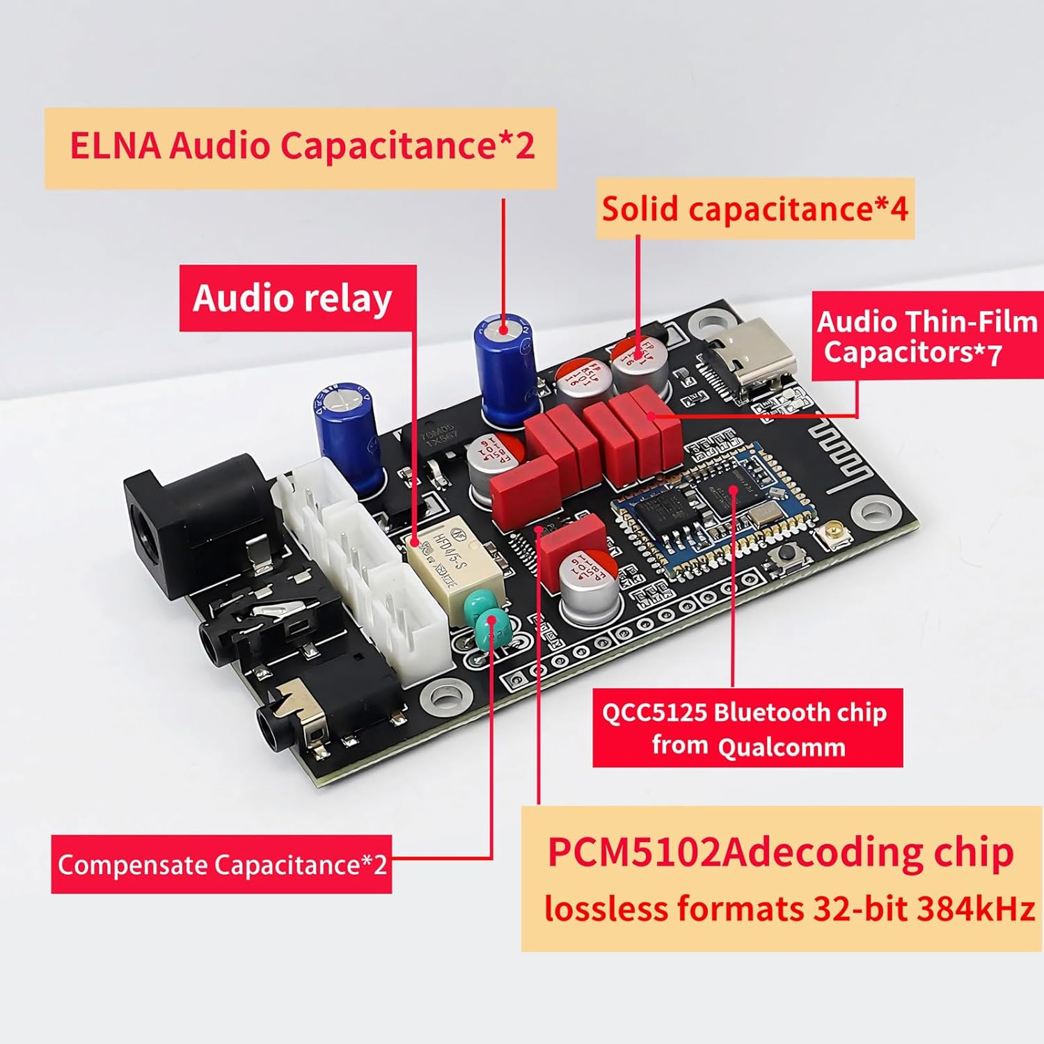 Luocute Audio Decoder Board, Portable Lossless BT 5.1 QCC5125 APTX LDAC with Onboard Acrylic I2S Output, for DIY Wireless Speakers Home Car Audio System image number 2
