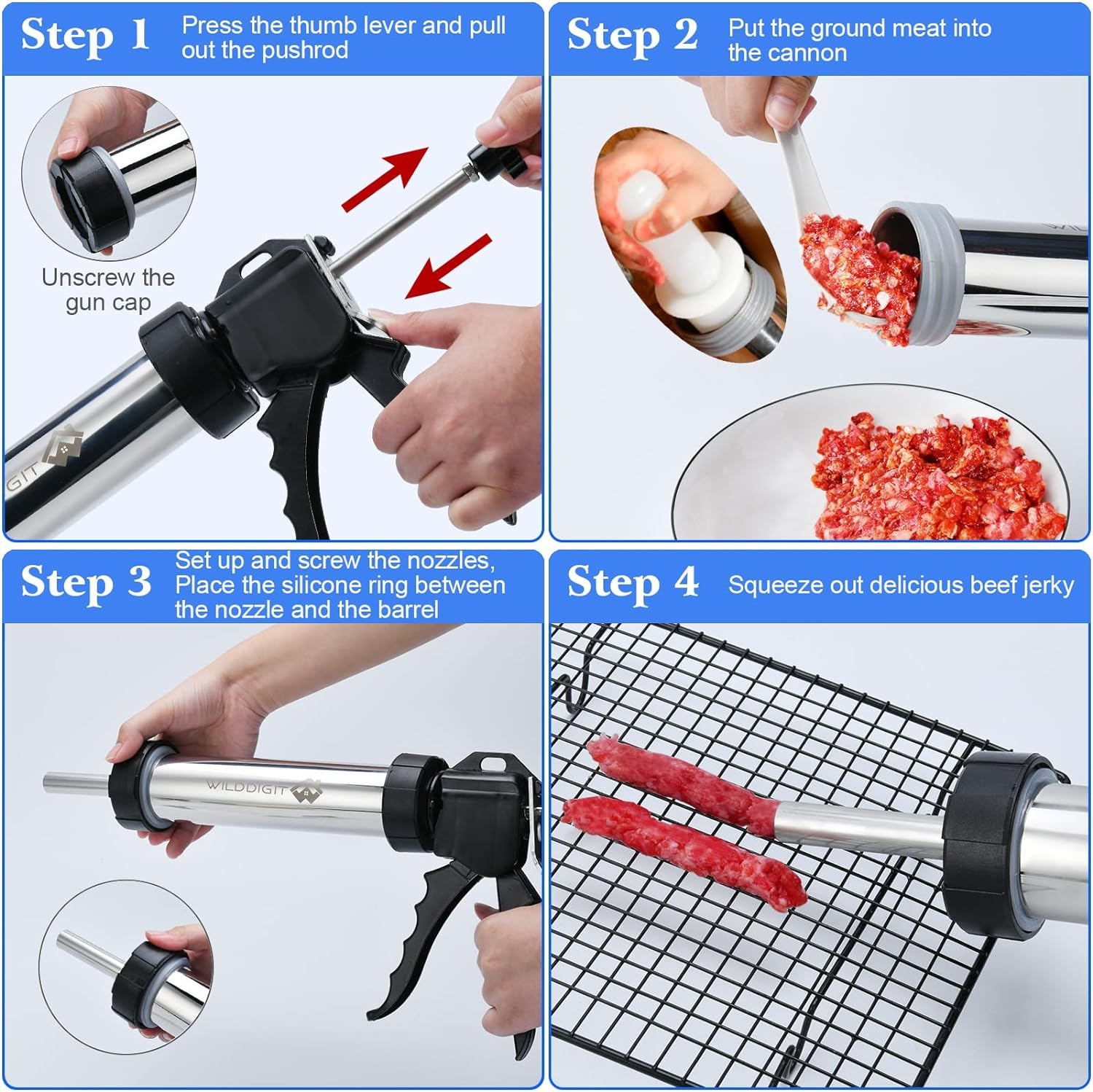 WILDDIGIT 3Rd Gen 2.1 LB Professional Jerky Gun Kits, Sausage Stuffer, Stainless Steel Jerky Maker, Jerky Shooter, Beef Jerky Making Gun with 5 Nozzles, 1 Meat Pusher and 5 Cleaning Brushes image number 2