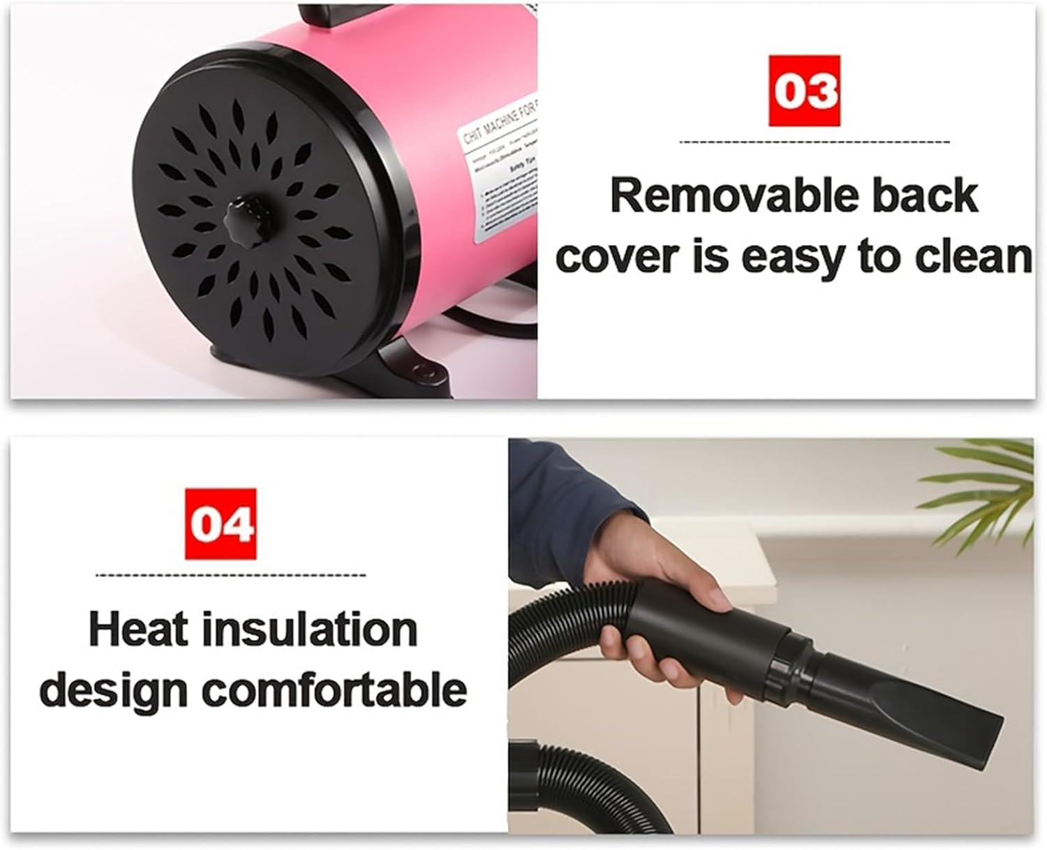 Dog Hair Dryer Pet Dryer, 2800 W Blower Dog Hair Dryer, Very Quiet Adjustable Speed and Heat, Dog Dryer Pet Dog Grooming Hair Dryer Blower with 4 Different Nozzles (Pink)