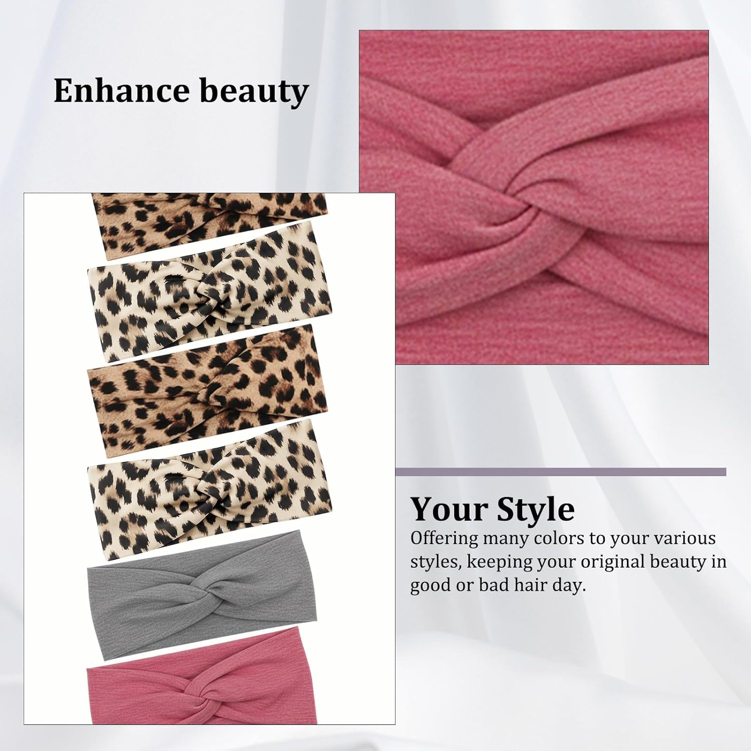 Set of 6 Women'S Sports Headbands, Leopard Print & Plain, 23 X 11 Cm, Breathable for Yoga, Fitness & Running image number 6