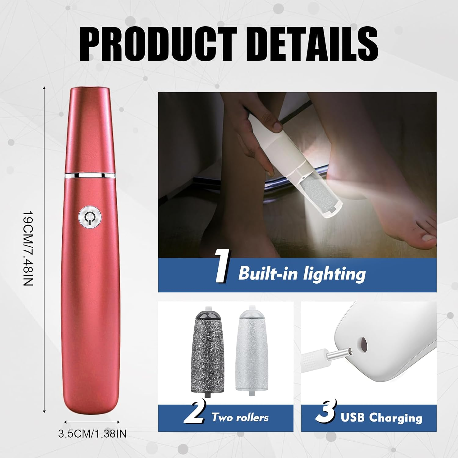 Electric Callus Remover Professional Set with 360&deg; Rotating Roller and Waterproof Design - Foot Scraper for Hard Skin, Cracked Heels and Callus Removal, Red image number 3