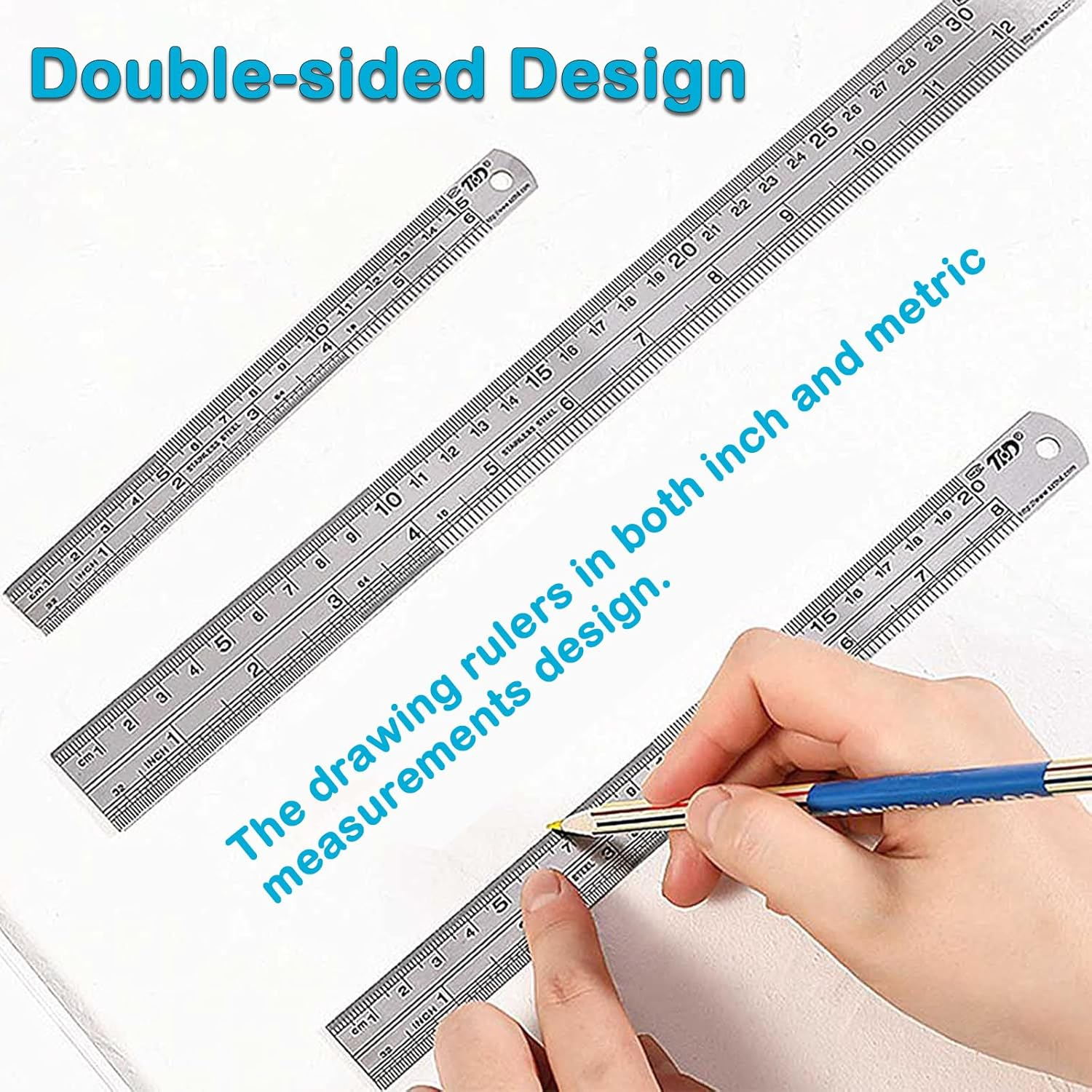 YUENTOEN 3Pcs Metal Ruler, 6 Inch, 8 Inch and 12 Inch Stainless Steel Ruler Double Side Straight Edge Metal Rulers for Home School Office Daily Use image number 1