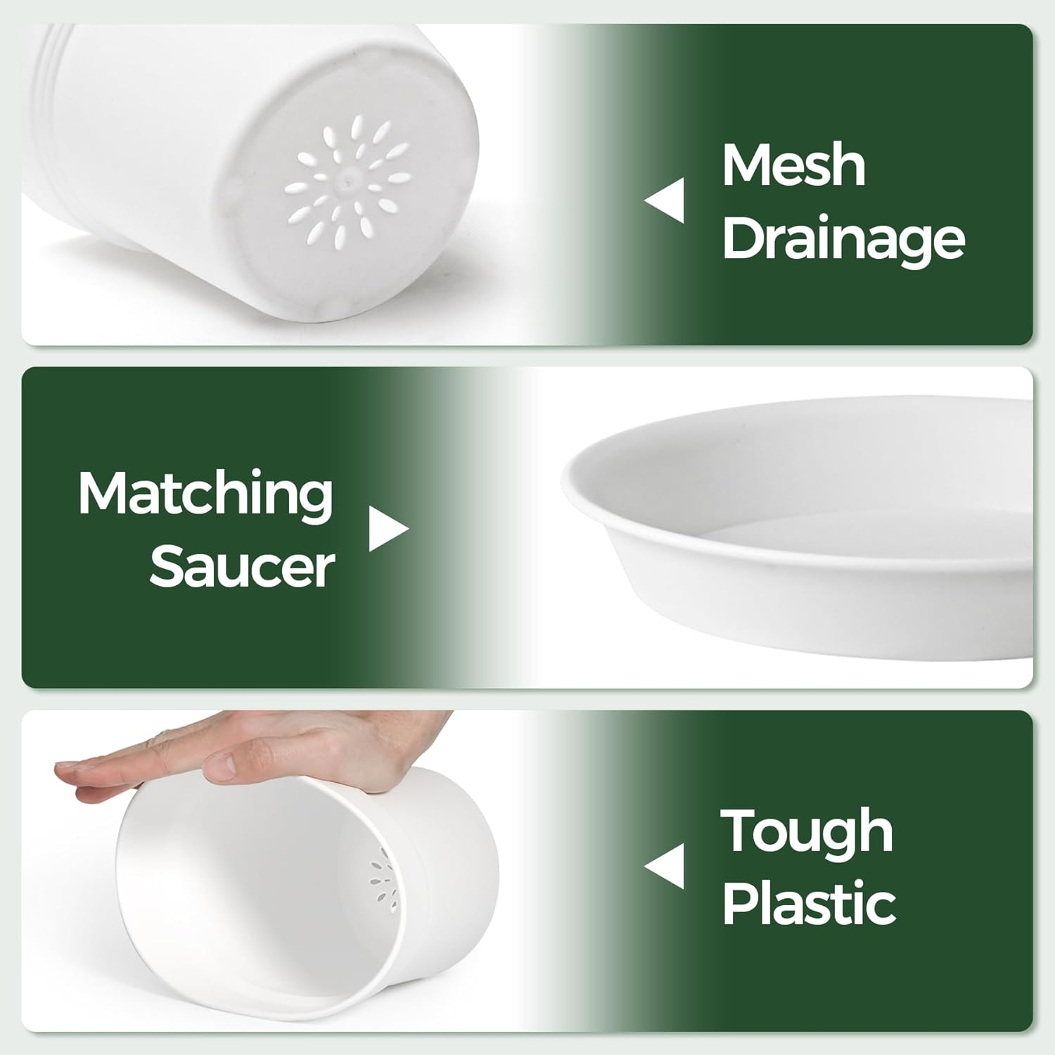 T4U 5 Inch Plastic Planters 18-Pack - Small Plant Pot with Drainage Hole and Saucer, Decorative Nursery Flower Pot Bulk for African Violet, Snake Plant, Aloe and All House Plants Indoor (White) image number 6