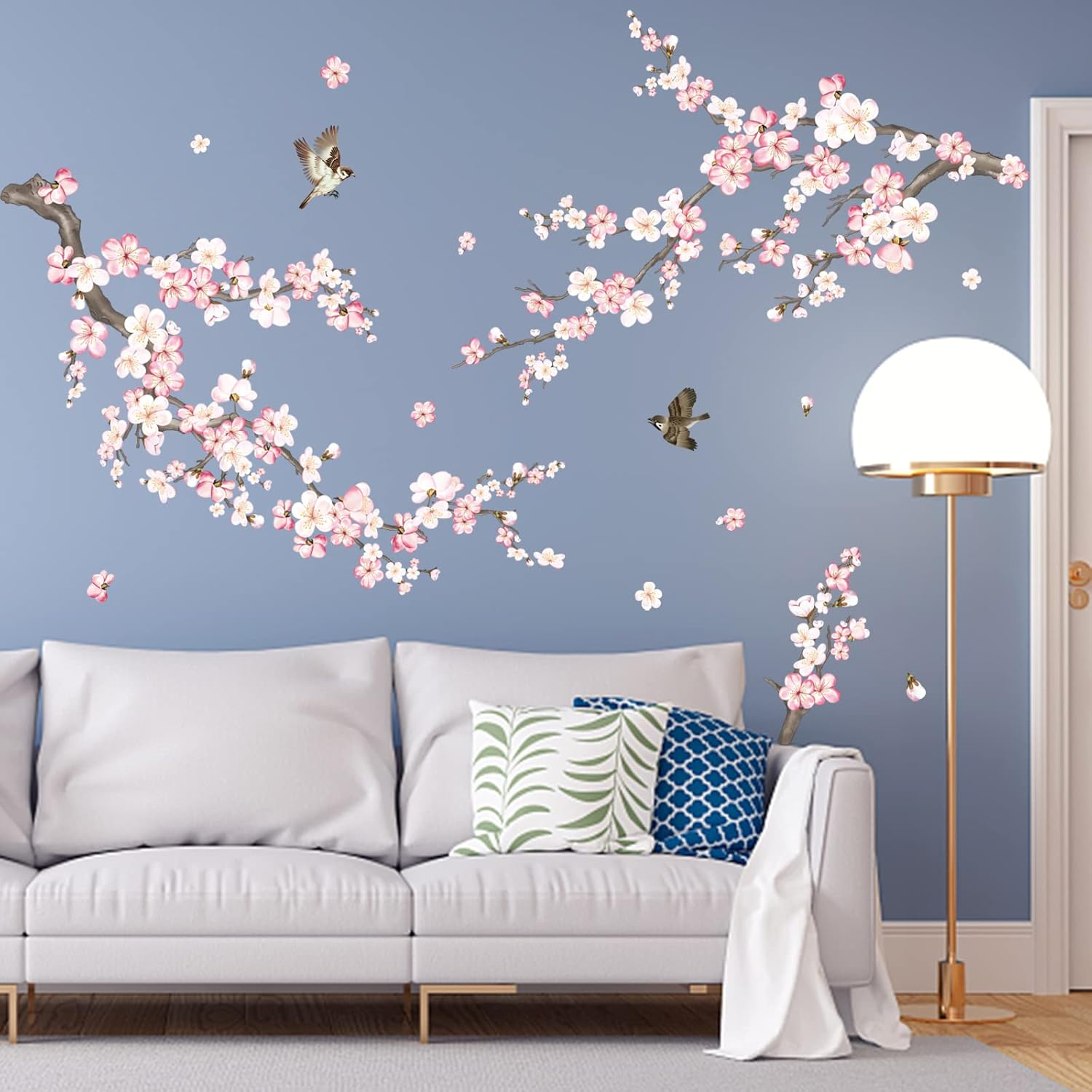 Wondever Cherry Blossom Wall Stickers Pink and White Flower Tree Branch Peel and Stick Wall Art Decals for Living Room Bedroom TV Wall image number 3