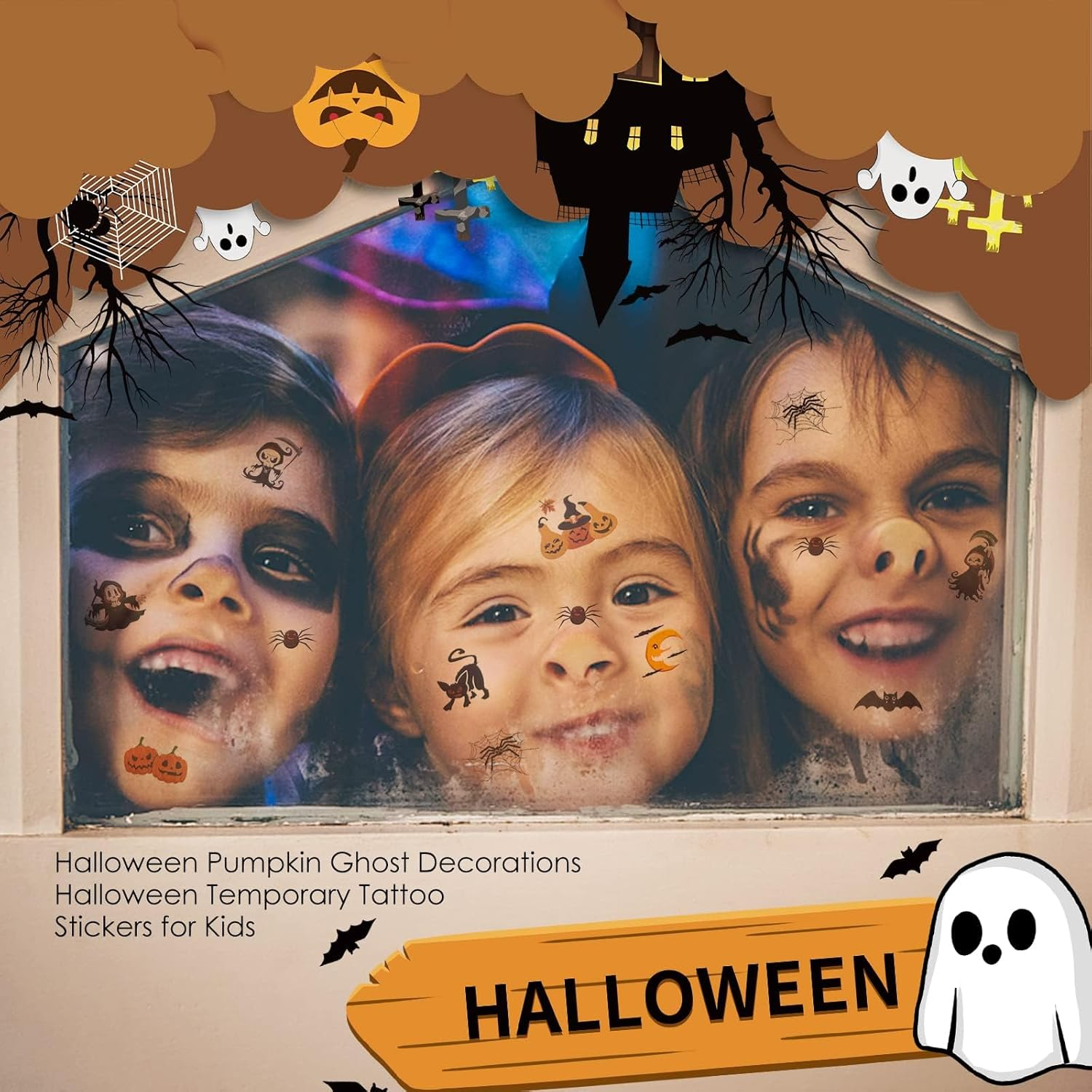 10 Sheets Halloween Temporary Tattoos for Kids, 3D Realistic Tattoo Stickers Lovely Waterproof Assorted Styles Removable Sticker Tattoo Ghost Monster Pumpkin Design for Children Adults