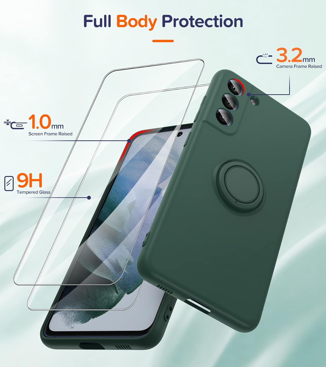 Leyi for Galaxy S21 FE 5G Case: with Tempered Glass Screen Protector [2 Pack], Magnetic Kickstand 360&deg; Rotatable Ring Holder, Protective for Samsung Galaxy S21 FE 5G Case, Green image number 1