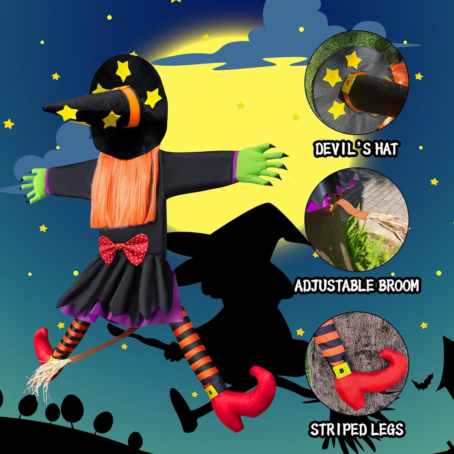 40Inch Crashing Witch Halloween Outdoor Decorations, Funny Witch Flying into Tree, Flying Witches with Adjustable Band, Hanging Props Ornaments for Yard, Porch, Patio Halloween Outdoor Decor image number 6