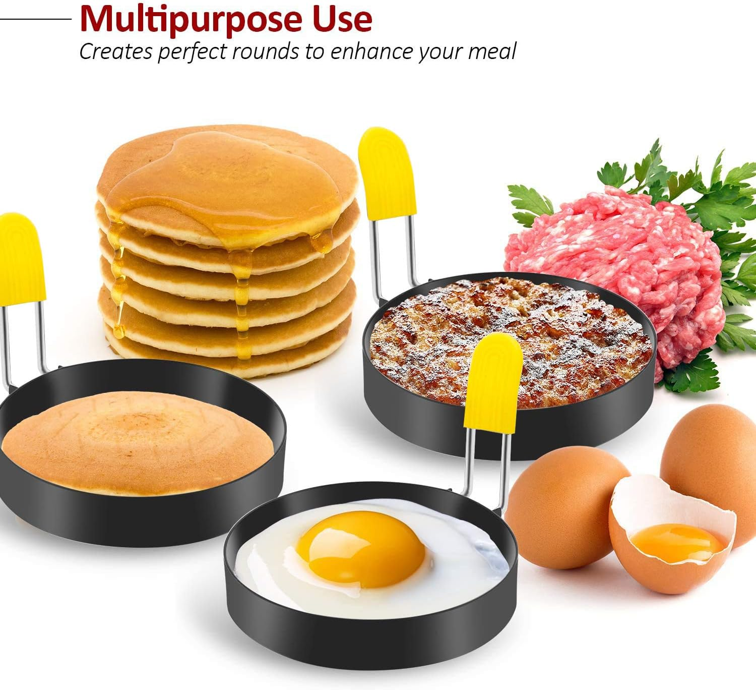 Egg Ring for Frying and English Muffin - round Shaper Mold with Anti-Scald Handle - Stainless Steel Non-Stick Cooker Ring - 4 Pack (Oil Brush Included) image number 3