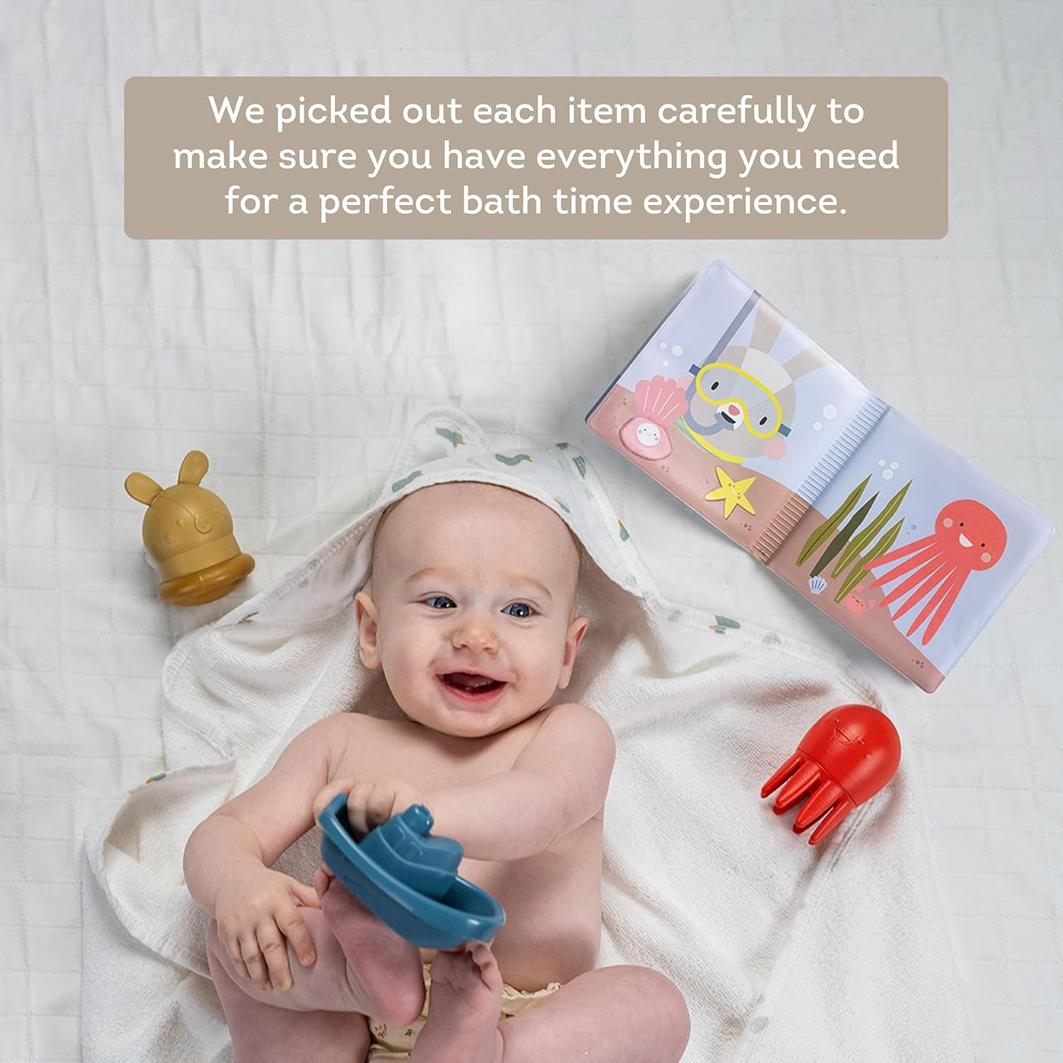 Taf Toys Bath Time Kit for Babies - Including Book, Cotton Hooded Towel, Squeaking Toys, Boat Toy - with 5-Piece Newborn Essentials, Baby Boy Gift Set Baptism Gifts image number 4