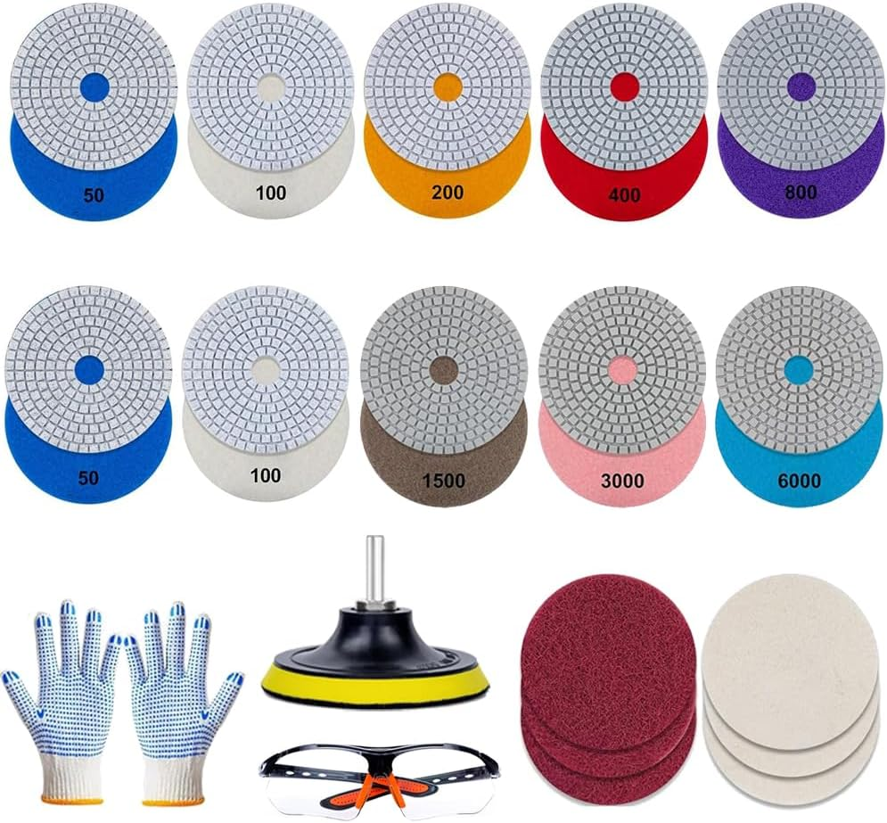 20 Pack 4 Inch Diamond Polishing Pads, Wet/Dry Granite Stone Polish Pad,50-6000 Grit Polishing Pads for Marble, 5/8&rsquo;&rsquo;-11 Backer Pad, Fit for Concrete Marble Rock Countertop Quartz