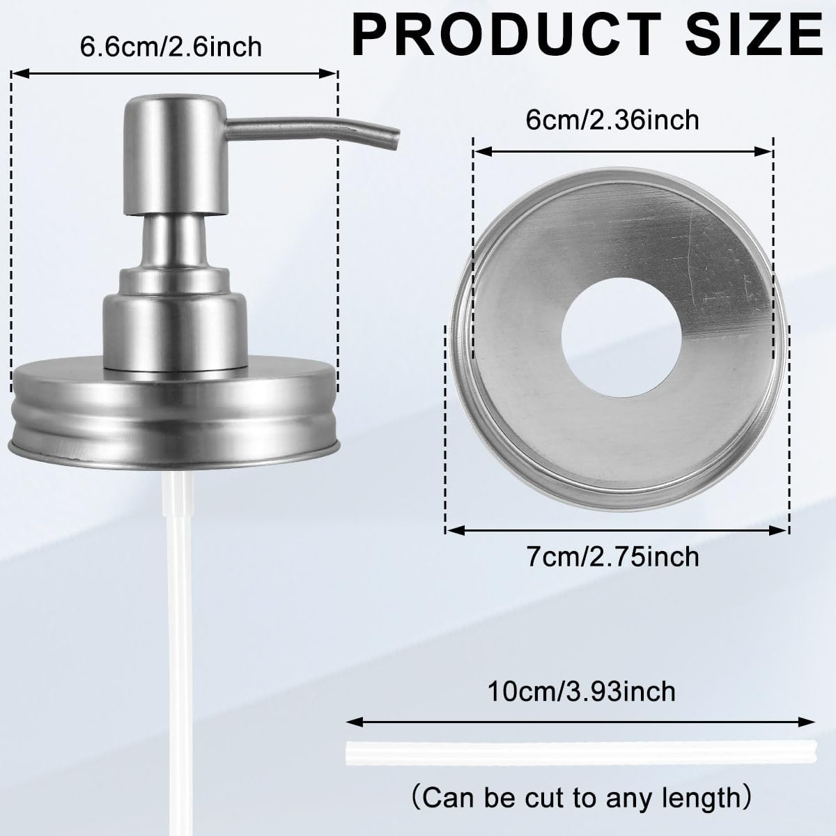 Abizarch Mason Jar Soap Dispenser Lid with Pump, 2.76" Stainless Steel Mason Jar Pump Lid Lotion Soap Dispenser Lids with 3.9 Inch Tube and Gasket, Leakproof Soap Dispenser Pump Replacement image number 2