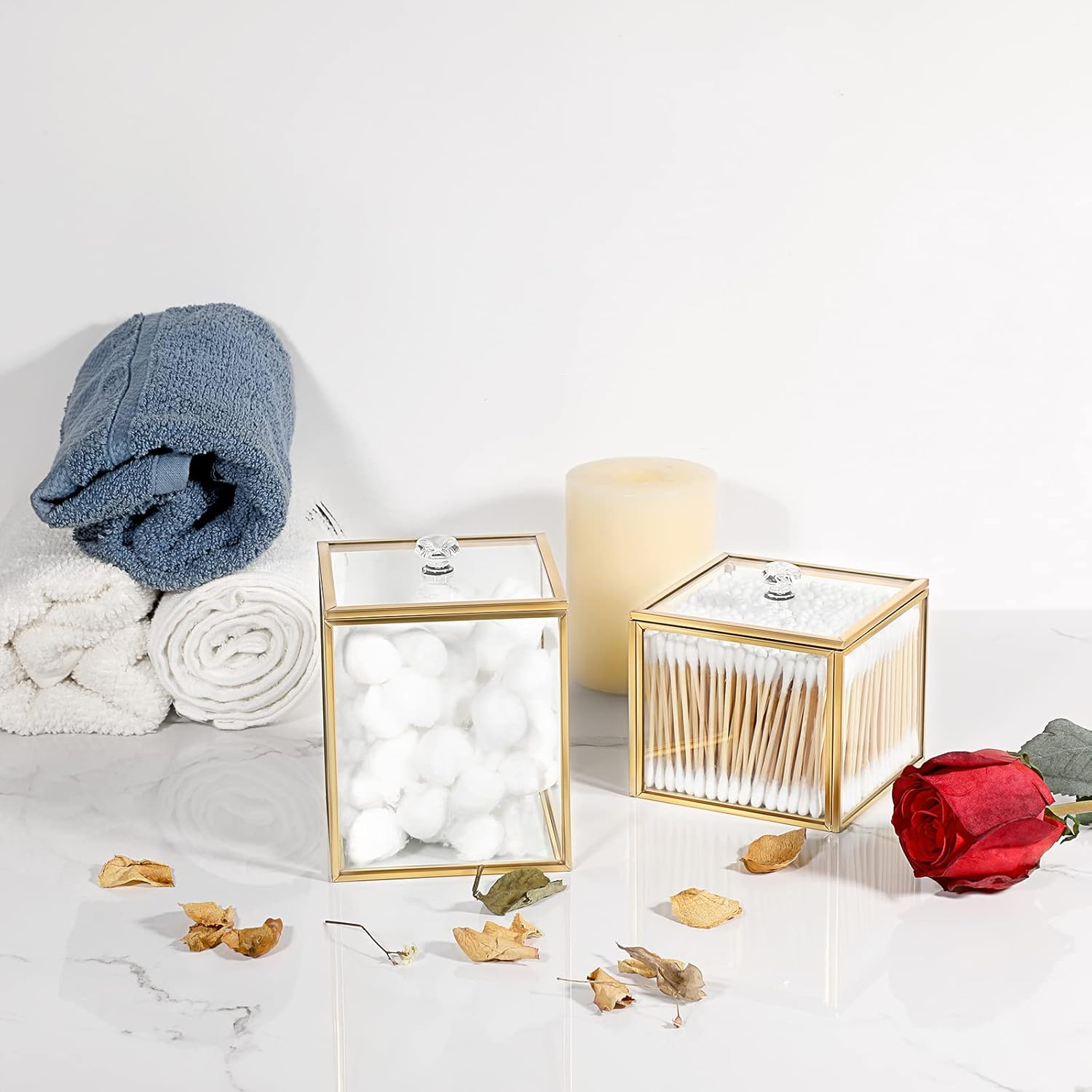 Hipiwe 2 Pack Glass Qtip Holder Dispenser with Lid Gold Bathroom Containers for Cotton Balls Makeup Sponges Bath Salts Candles Vanity Canisters Countertop Storage Organizer Jar image number 5