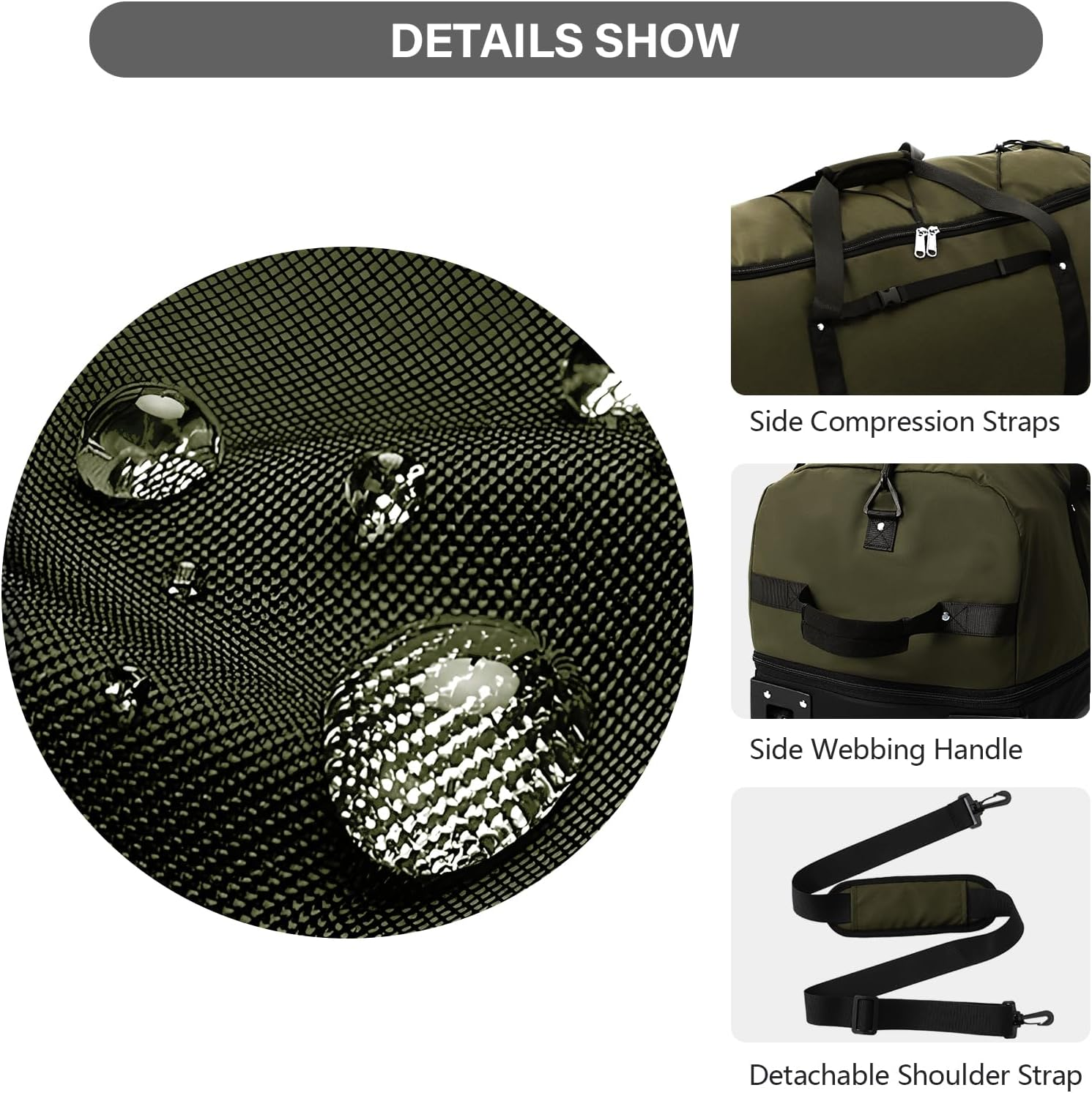 Vomgomfom 32" Soft-Sided Foldable Wheeled Travel Duffel Bag,Expandable 110L to 140L Rolling Cargo Bag with 2 Wheels and Multiple Pockets,Army Green - Black-Orange image number 3