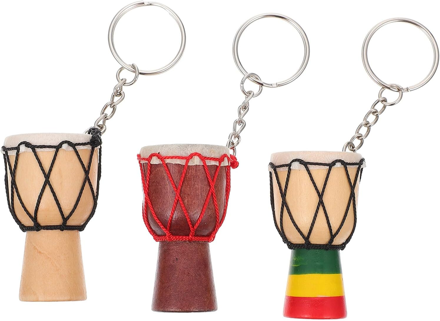 WHAMVOX African Drum Pendant Keychain Set, 3Pcs Wooden Mini African Drum Key Rings with Leather Stitching, Decorative Key Hanging Charms for Travel and Souvenirs Random Style