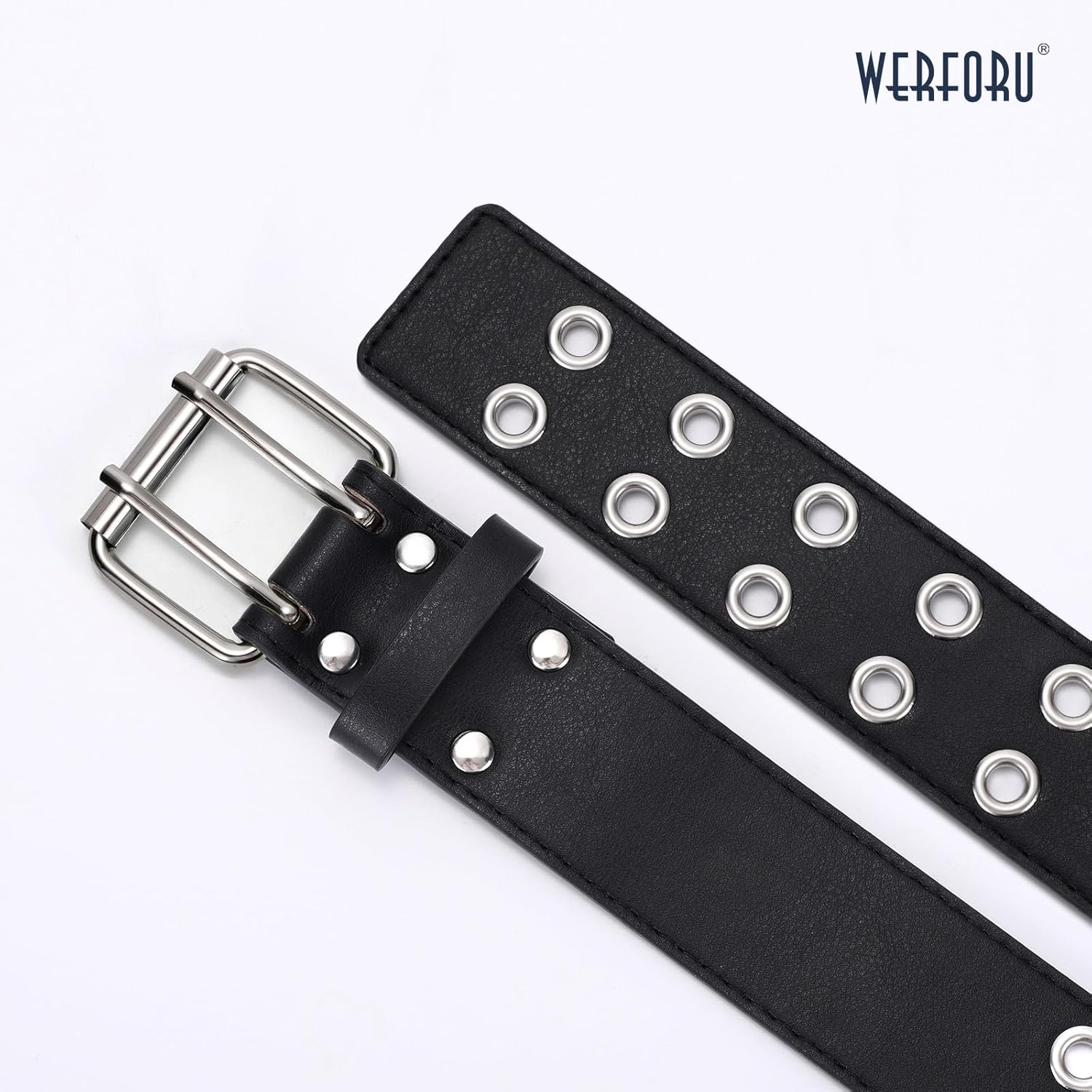 Double Grommet Belt PU Leather Double Prong Belt Buckle for Women Men Jeans by WERFORU - - Suit for Pant below 34" image number 3