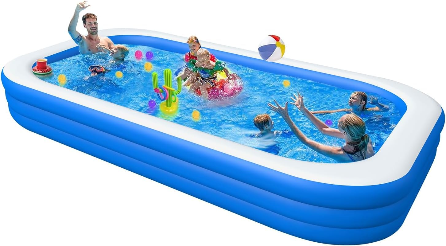380Cm Inflatable Playing Pool, Family Rectangular Swimming Pool with Inflatable Soft Floor for Backyard, Garden, Indoor(Blue)