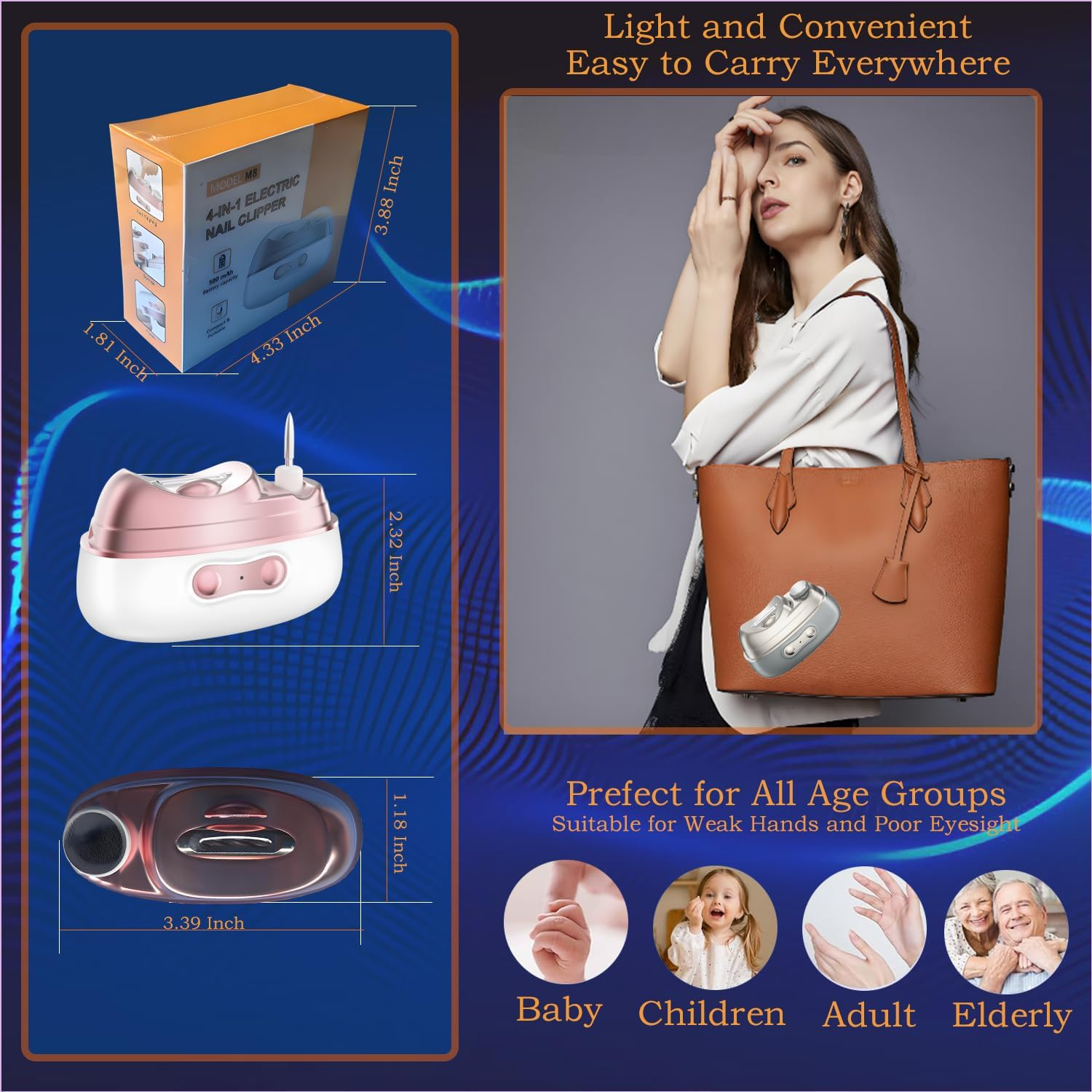 4 in 1 Automatic Electric Nail Clipper & Polisher with Built-In Storage, LED Light, 2 Speeds &ndash; Toenail Trimmer for Baby/Seniors, Ideal Gift for Family and Friends (Grey) - Orange image number 4