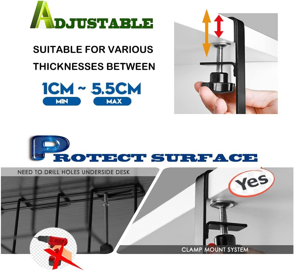 Desk Cord Organiser,Desk Cable Management, Cable Trays under Table,Detachable No Drill Wiir Management Rack for Computer,Table Storage Shelf(Black) image number 4