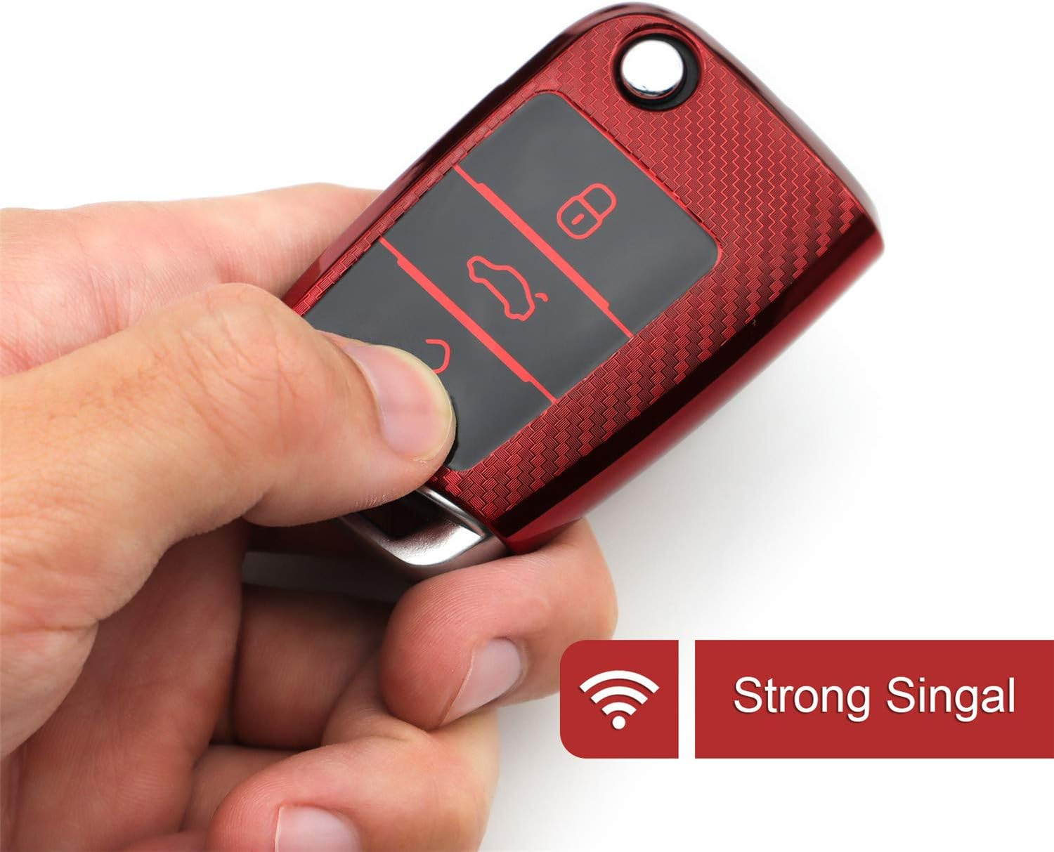 M.Jvisun Soft Carbon Fiber Finish Car Key Fob Cover for Volkswagen Atlas Golf Jetta Polo for Tiguan for Skoda Kodiaq Karoq for Audi A1 for Seat Ateca Leon Flip Key TPU Case with Keychain - Red image number 3