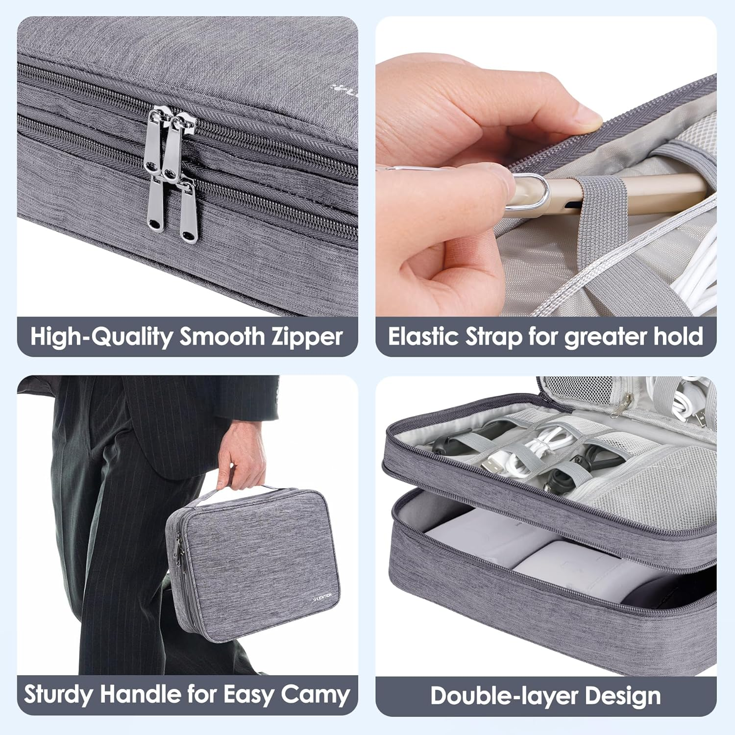 LENTION Travel Electronic Organizer Bag for Electronic Accessories, Water Proof, Scratch-Resistant Surface, Shock Proof, Double Layer for Power Bank, Iphone, Cord and More(M370, Space Gry) - Blue image number 7