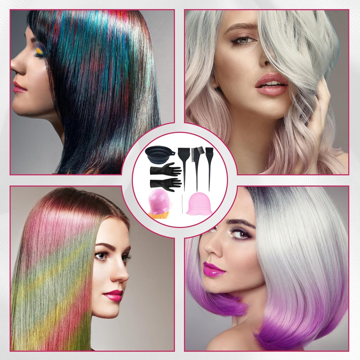 Highlight Cap, Silicone Highlight Set 7 Pieces, Hair Dye, Colour Your Hair Yourself, Dye Your Hair Brushes and Hat, Pink, Ideal for Family and Hairdressing Salons Dyeing image number 2