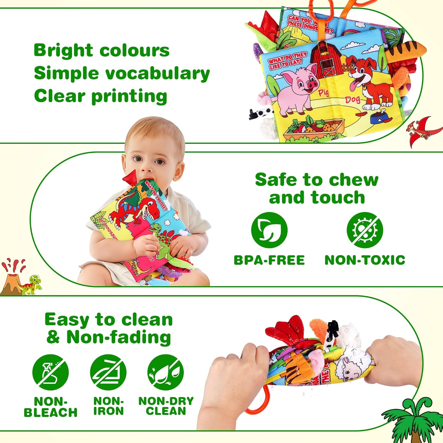 Vanmor Soft Baby Books for 6 Month Old Girls Boys, 2PCS Dinosaurs and Farm Theme Crinkle Cloth Books for Babies 0-6-12-18 Months Tummy Time Toy Infant Car Seat Toys Newborn Christmas image number 5