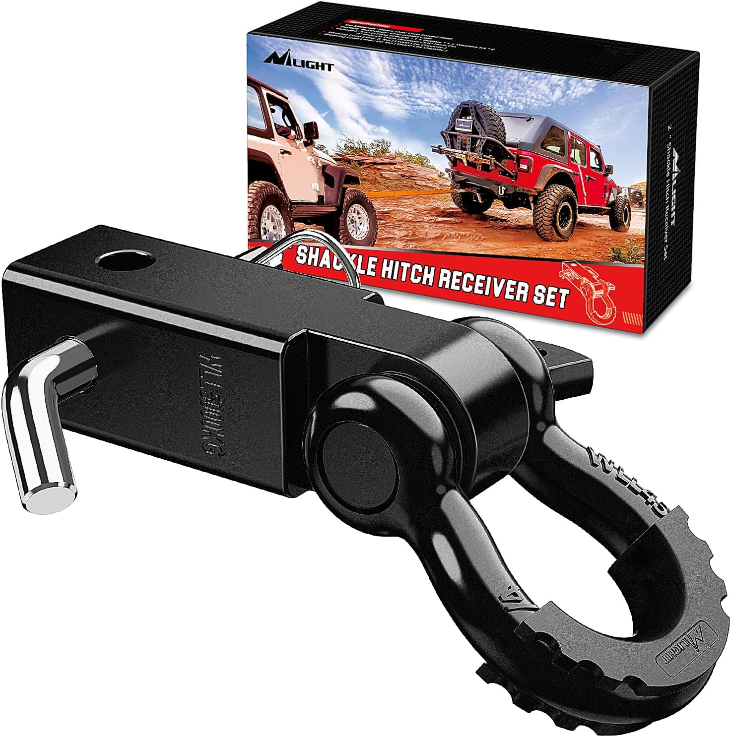 Nilight Shackle Hitch Receiver 2Inch 45000 Lbs Breaking Strength 3/4" D Ring Shackle W/Trailer Hitch Pin Heavy Duty Solid Recovery Towing Kit for Trucks Jeeps Off-Road