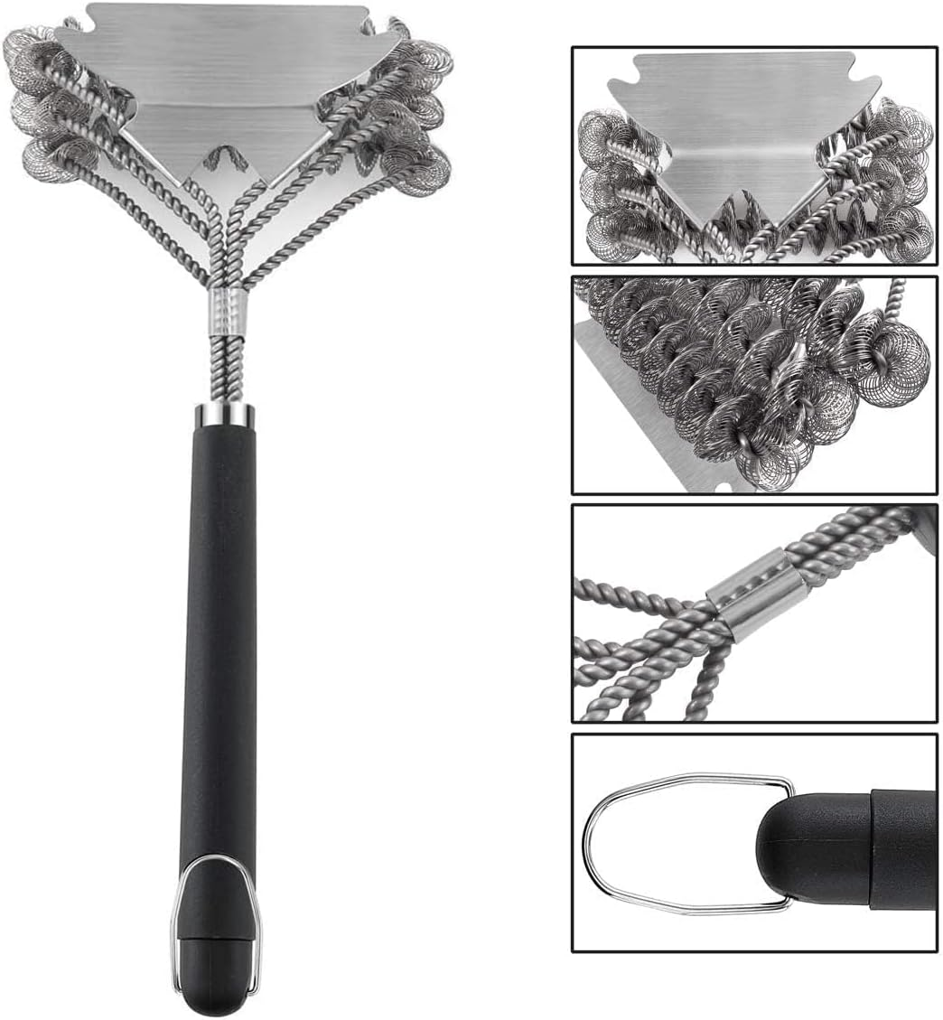 Mumoo Bear BBQ Grill Cleaning Brush, 18 Inch Long Heavy Duty 3 Rows Stainless Steel Barbecue Cleaner Brush with Scraper Accessories for BBQ Grill Tools Including Gas, Charcoal and Electric Grill